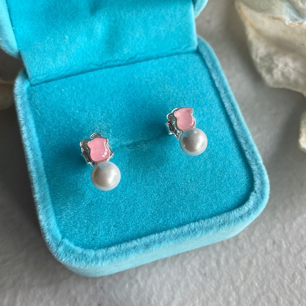 Tous Pink Spanish Designs Bear Morganite on Pearl Earrings Pin Silver 925